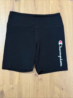 Champion Black Bike Shorts with White Script and Red Accent